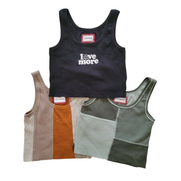 CHNGE Tops - CHNGE Set of 3 Organic Cotton Ribbed Crop Tank Tops Women's Sz M